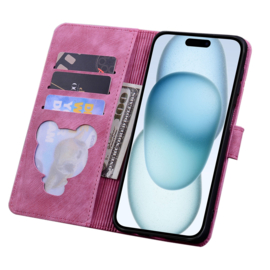 BookCover Hoes Etui voor iPhone 15  -  Roze  - Bloemen Kat - Reliëf