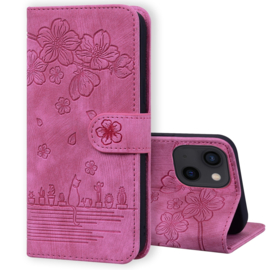 BookCover Hoes Etui voor iPhone 15  -  Roze  - Bloemen Kat - Reliëf