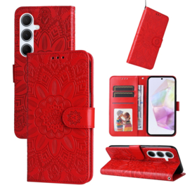 PU BoekCover Hoes Etui voor Samsung Galaxy A36 - A56   Rood   -  Bloem-Motief in Reliëf