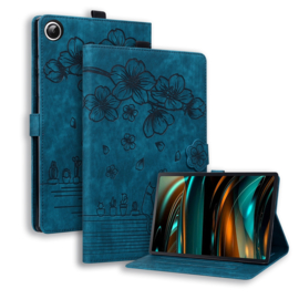 Luxe Bescherm-Etui Hoes Map voor Samsung Galaxy Tab A9 Plus - 11 -    Bloemen en Kat - Blauw