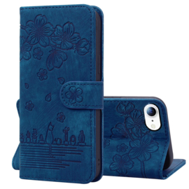 BookCover Hoes Etui voor Apple iPhone 16e  -  Blauw - Bloemen Kat - Reliëf