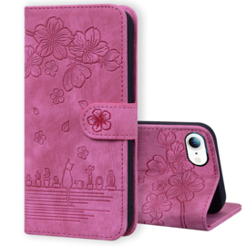 BookCover Hoes Etui voor Apple iPhone 16e  -  Roze - Bloemen Kat - Reliëf