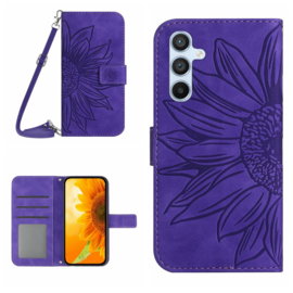 Hoes - Etui - Tas voor Samsung Galaxy A16  - A26  Met Schouder - Draagkoord -  Paars  -  Zonnebloem Reliëf