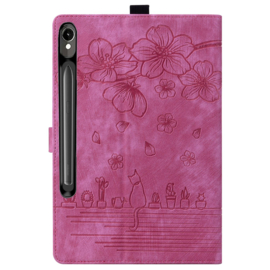 Bescherm-Etui Hoes Map voor Samsung Galaxy Tab S10 FE PLUS - 13.1 - Bloemen en Kat -  Roze