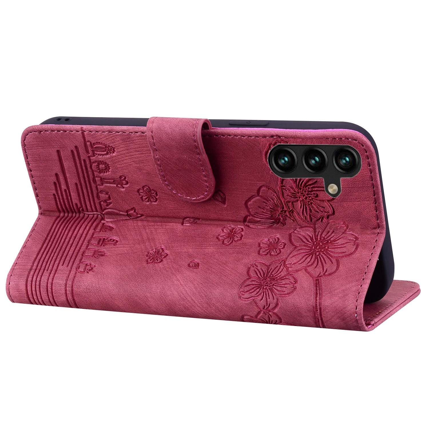 BookCover Hoes Etui voor Samsung Galaxy S24 - S25  -  Rood - Bloemen Kat - Reliëf