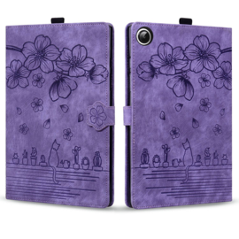 Luxe Bescherm-Etui Hoes Map voor Samsung Galaxy Tab A9 - 8.7  -    Bloemen en Kat - Paars