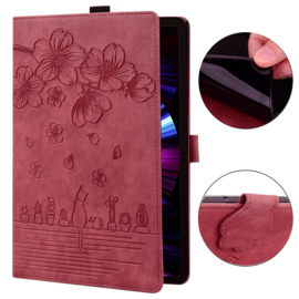Luxe Bescherm-Etui Hoes Map voor Samsung Galaxy Tab S9 FE  -  S10 FE - 10.9 -    Bloemen en Kat -  Rood