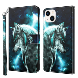 BookCover Hoes Etui voor iPhone 13 - iPhone 14   Wolf   3D Effect