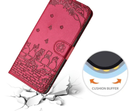 BookCover Hoes Etui voor Samsung Galaxy S24 FE  -  Rood  - Katten op muurtje - Reliëf