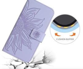 Hoes - Etui - Tas voor Samsung Galaxy A36  -  A56   Met Schouder - Draagkoord -  Lila -  Zonnebloem Reliëf