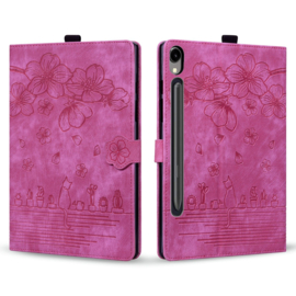 Luxe Bescherm-Etui Hoes Map voor Samsung Galaxy Tab S9 FE  -  S10 FE - 10.9 -    Bloemen en Kat -  Roze