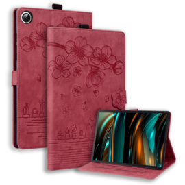 Luxe Bescherm-Etui Hoes Map voor Samsung Galaxy Tab A9 Plus - 11 -    Bloemen en Kat -  Rood