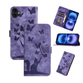BookCover Hoes Etui voor Apple iPhone 17  -  Vlinders en Kat  -  Paars   - Reliëf