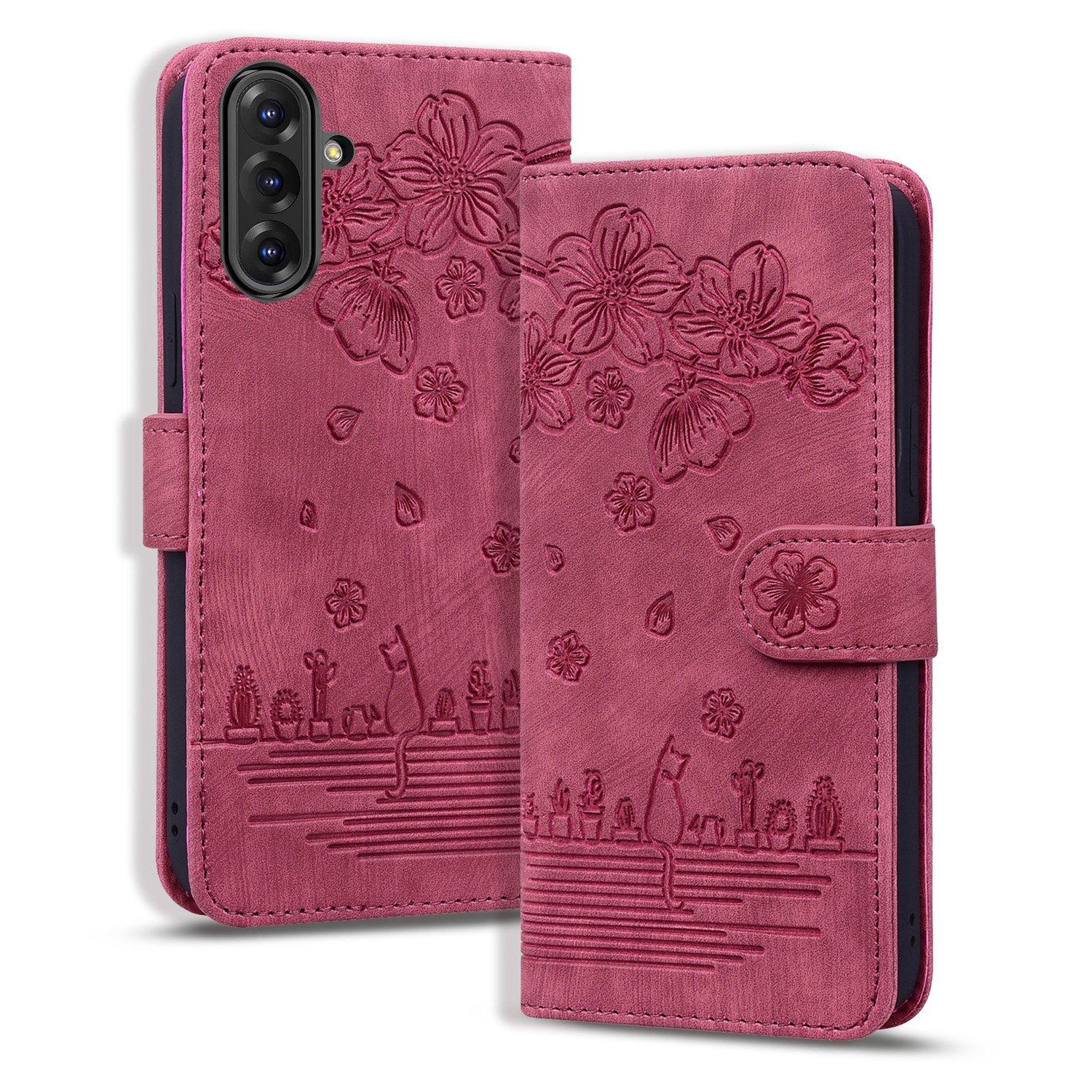 BoekCover Hoes Etui voor Samsung Galaxy A36 - A56  - Rood  - Bloemen Kat - Reliëf