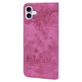 BookCover Hoes Etui voor iPhone 16  -  Roze  - Bloemen Kat - Reliëf