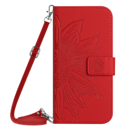 Hoes - Etui - Tas voor Samsung Galaxy S24 FE   Met Schouder - Draagkoord -  Rood -  Zonnebloem Reliëf