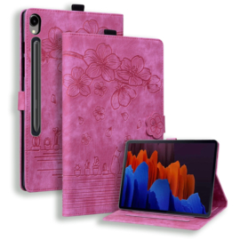 Luxe Bescherm-Etui Hoes Map voor Samsung Galaxy Tab S9 FE  -  S10 FE - 10.9 -    Bloemen en Kat -  Roze