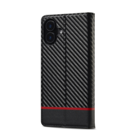 Luxe BookCover Hoes Etui voor iPhone 16 PLUS -  Zwart-Rood-Carbon - V2