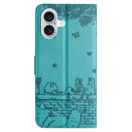 BookCover Hoes Etui voor iPhone 16  -  Turquoise  - Katten op muurtje - Reliëf