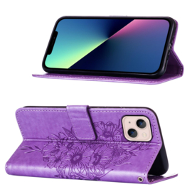 PU BookCover Hoes Etui voor iPhone 15    Paars   Vlinder - Bloem Motief