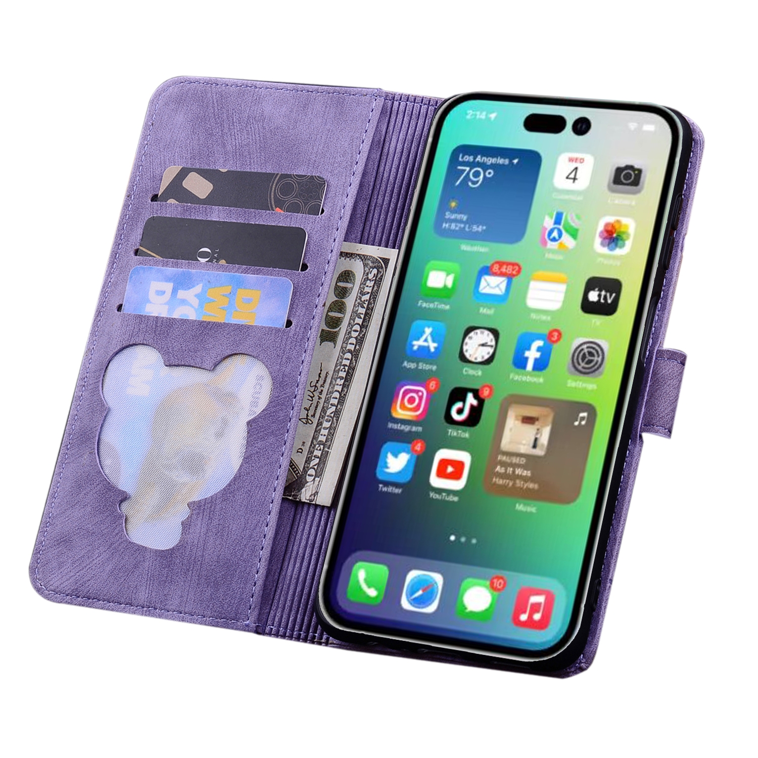 BookCover Hoes Etui voor Apple iPhone 16 Pro Max  -  Paars  - Bloemen Kat - Reliëf