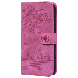 BookCover Hoes Etui voor iPhone SE - iPhone 7 - iPhone 8  -  Roze  - Bloemen Kat - Reliëf