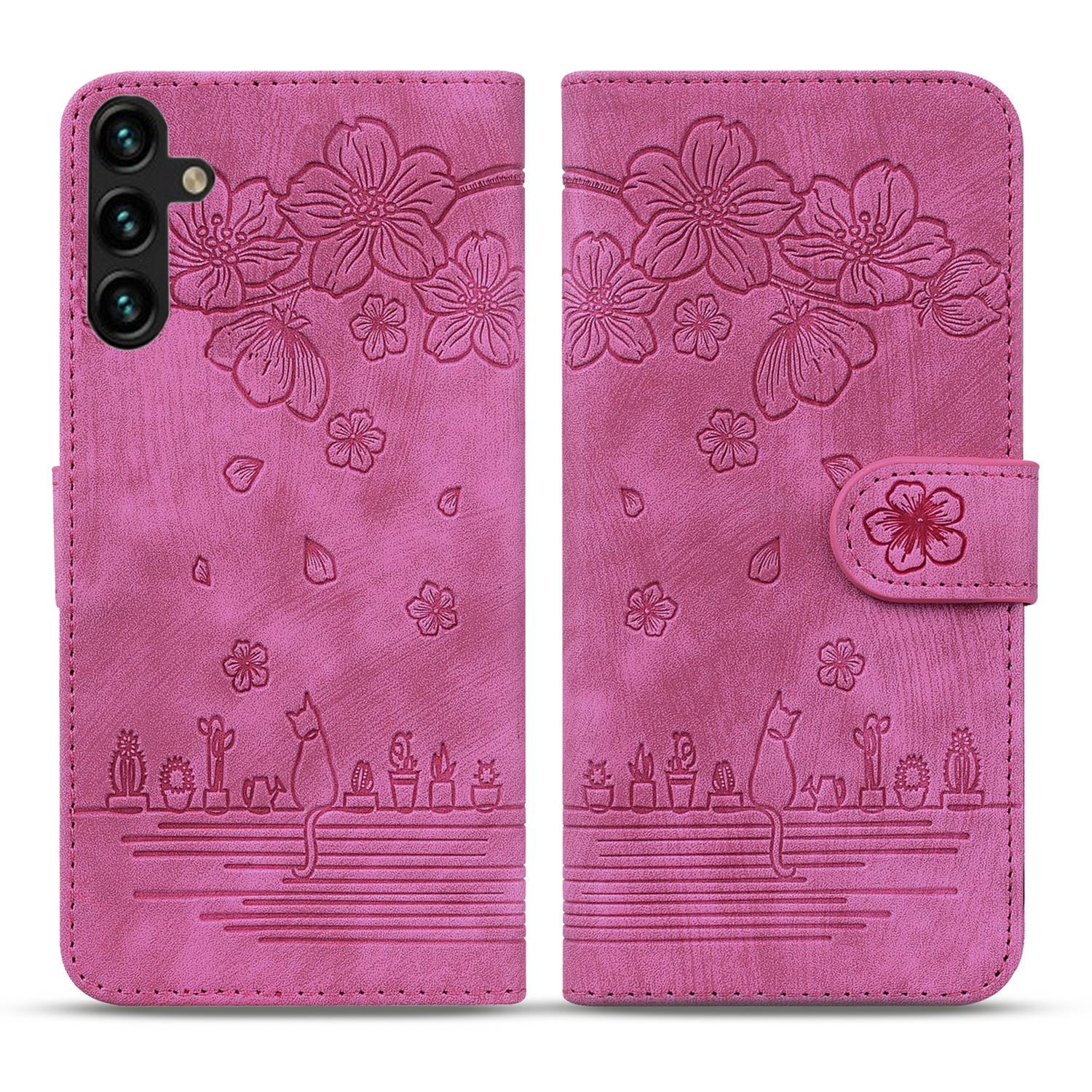 BookCover Hoes Etui voor Samsung Galaxy S24 - S25  -  Roze - Bloemen Kat - Reliëf