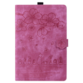 Bescherm-Etui Hoes Map voor Samsung Galaxy Tab S10 FE PLUS - 13.1 - Bloemen en Kat -  Roze