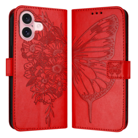 PU BookCover Hoes Etui voor iPhone 16  -  Rood -   Vlinder - Bloem Motief