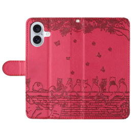 BookCover Hoes Etui voor iPhone 16  -  Rood  - Katten op muurtje - Reliëf