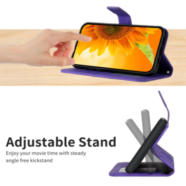 Hoes - Etui - Tas voor Samsung Galaxy A16  - A26  Met Schouder - Draagkoord -  Paars  -  Zonnebloem Reliëf