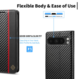 Luxe BookCover Hoes Etui voor Google  Pixel 10  -  10 PRO -   Zwart-Rood-Carbon