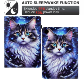 Luxe Bescherm-Etui Hoes Map voor Samsung Galaxy Tab A9 Plus  - 11    "Kat"   Blauw - Wit
