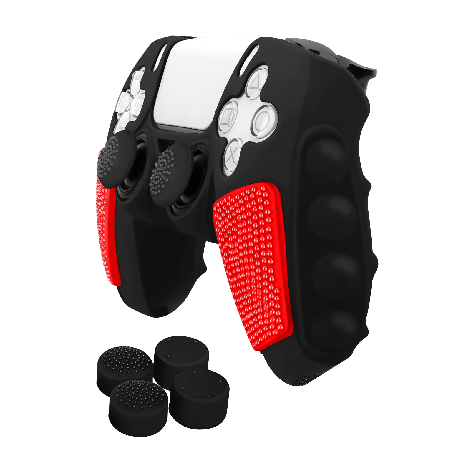 Grip Silicone Hoes / Skin met 4 Thumb Grips voor Playstation 5 PS5 DualSense Controller  -  Zwart - Rood  -   V3