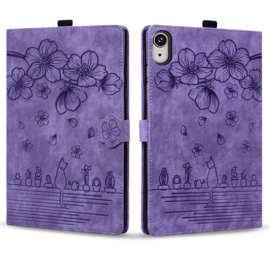 Luxe Bescherm-Etui Hoes Map voor iPad Mini 6 - Mini 7   -    Bloemen en Kat -  Paars
