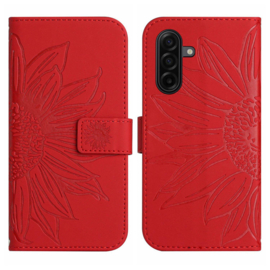 Hoes - Etui - Tas voor Samsung Galaxy A57  - Met Schouder - Draagkoord -  Rood -  Zonnebloem Reliëf