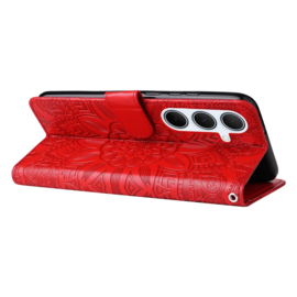 PU BoekCover Hoes Etui voor Samsung Galaxy A36 - A56   Rood   -  Bloem-Motief in Reliëf