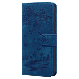 BookCover Hoes Etui voor Apple iPhone 16e  -  Blauw - Bloemen Kat - Reliëf