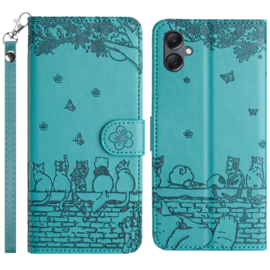 BookCover Hoes Etui voor Samsung Galaxy A06  -  Turquoise  - Katten op muurtje - Reliëf