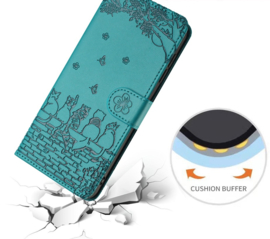 BookCover Hoes Etui voor Samsung Galaxy S24 FE  -  Turquoise  - Katten op muurtje - Reliëf