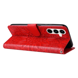 BookCover Hoes Etui voor Samsung Galaxy A35  -  Rood  - Bloem-Motief in Reliëf