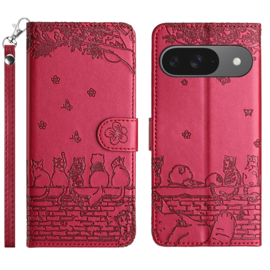 BookCover Hoes Etui voor Google Pixel 9 - 9 PRO -   Rood  - Katten op muurtje - Reliëf
