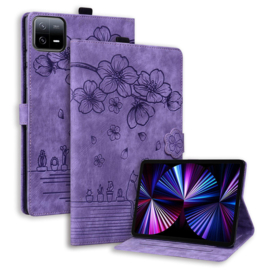 Luxe Bescherm-Etui Hoes Map voor Xiaomi Pad 7 - Pad 7 PRO - Pad 8 - Pad 8 Pro -     Bloemen en Kat -  Paars