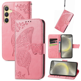 PU BoekCover Hoes Etui voor Samsung Galaxy A36 - A56   Roze  -  Vlinder. Reliëf