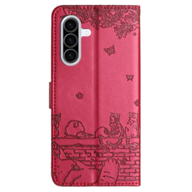 BookCover Hoes Etui voor Samsung Galaxy A56 - A36  -  Rood  - Katten op Muurtje - Reliëf