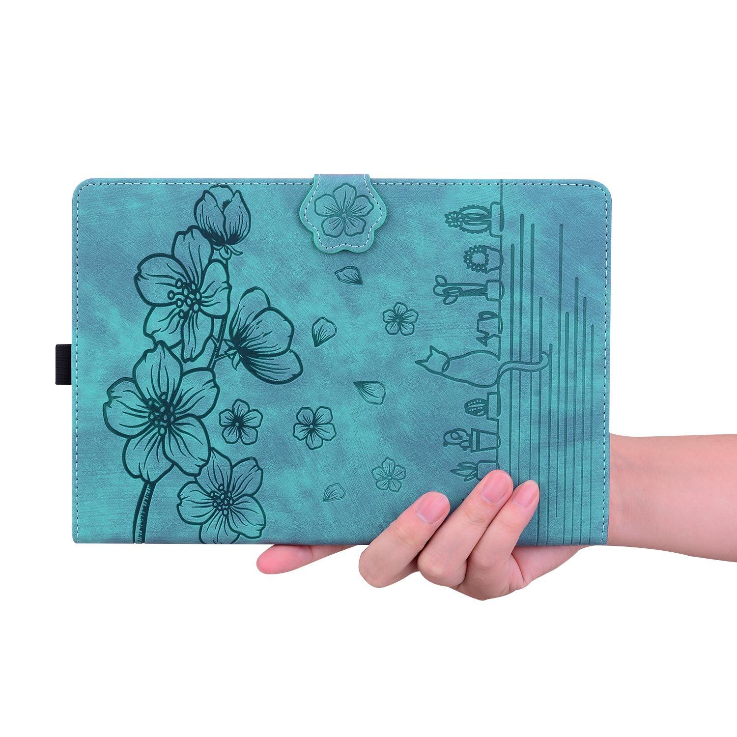 Bescherm-Etui Hoes Map voor Samsung Galaxy Tab S10 FE PLUS - 13.1 - Bloemen en Kat -  Groen