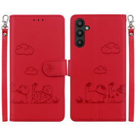 BookCover Hoes Etui voor Samsung Galaxy A55  -  Rood  -  Cartoon Cats  - Reliëf