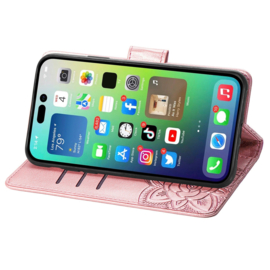 BookCover Hoes Etui voor iPhone 15      Vlinder    -  Roze-Goud