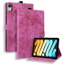 Luxe Bescherm-Etui Hoes Map voor iPad Mini 6 - Mini 7   -    Bloemen en Kat -  Roze