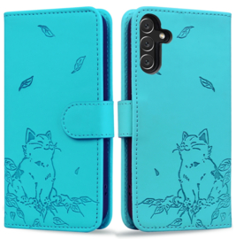 BookCover Hoes Etui voor Samsung Galaxy S24  FE -  Turquoise  -  Cute Cat - Kat - Reliëf